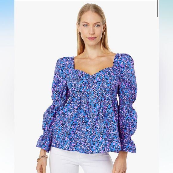 Lilly Pulitzer Preslee Blue Pink Dot Long Sleeve Top 4 - Picture 1 of 11